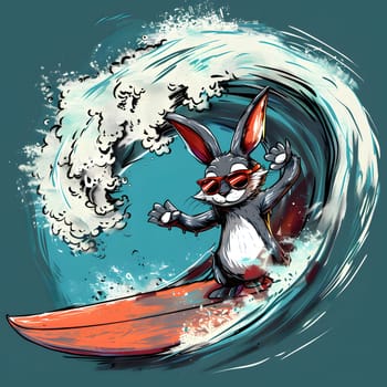 A cartoon rabbit with sunglasses, riding a wave on a surfboard in a liquid art painting. The watercraft is decorated with fish and circles