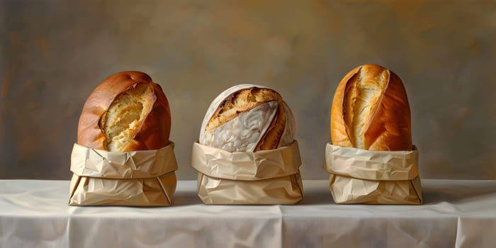 Three loaves of bread sit on a table, wrapped in paper bags. These baked goods are essential ingredients for any cuisine or event, adding an artful touch to the tableware