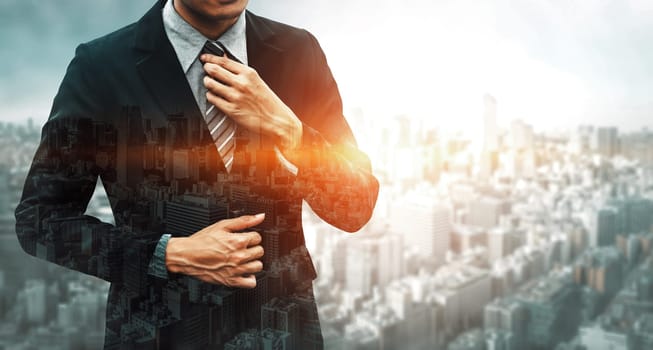 Double Exposure Image of Business Person on modern city background. Future business and communication technology concept. Surreal futuristic cityscape and abstract multiple exposure interface. uds