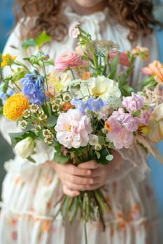 Child with a bouquet of wild flowers. Selective focus. Nature.