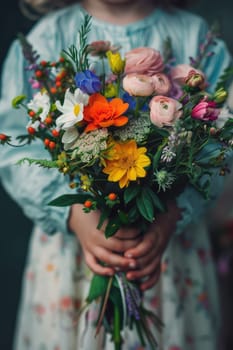 Child with a bouquet of wild flowers. Selective focus. Nature.