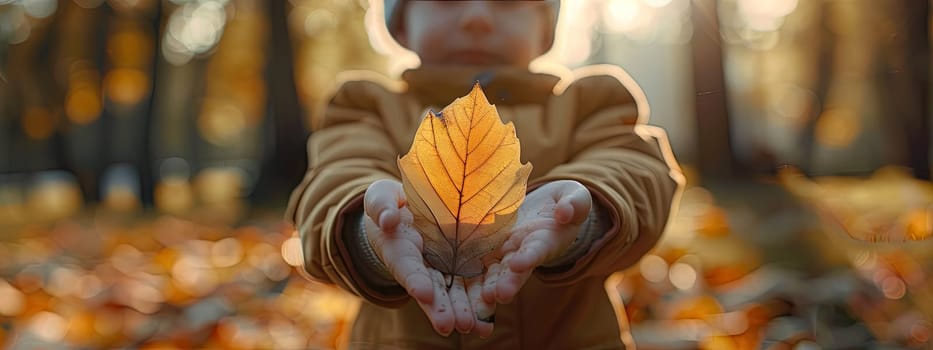 Child with an autumn leaf in his hands. Selective focus. Nature.