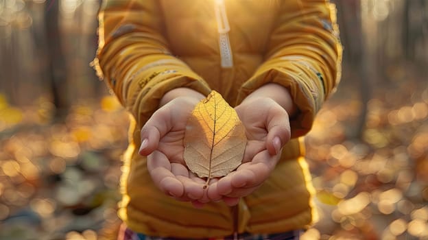 Child with an autumn leaf in his hands. Selective focus. Nature.