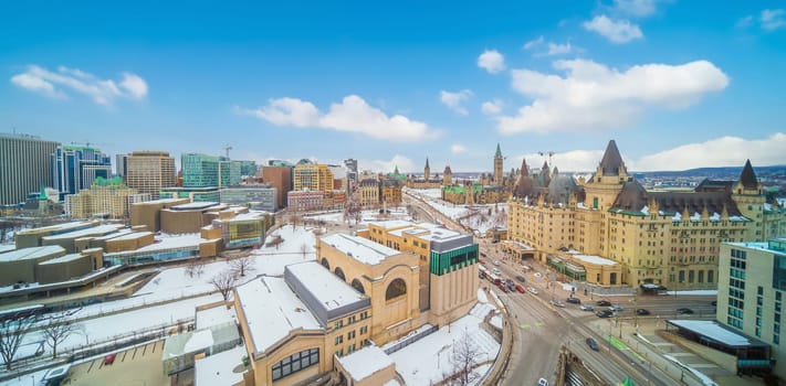 Panorama view of downtown Ottawa city skyline, cityscape of Ontario Canada from top view with blue sky