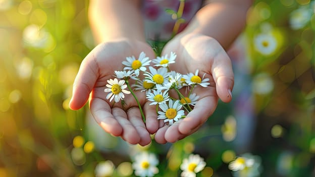 Chamomiles in the hands of a child. Selective focus. kid.