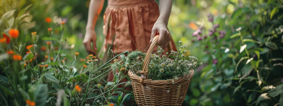 A woman collects medicinal herbs in the garden. Selective focus. Nature.