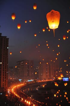 Lantern Festival in China sky. Selective focus. Holiday.