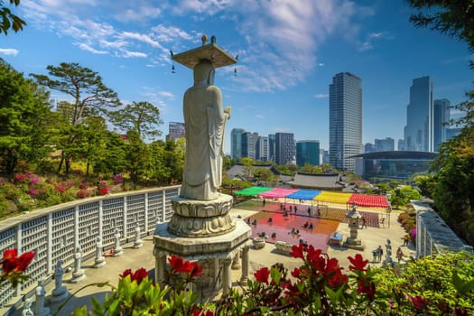 Bongeunsa Temple During the Summer in the Gangnam District of Seoul, South Korea with colorful flowers