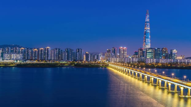 Skyline of seoul, the capital city of south korea with Han River at sunset