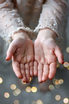 Glitter in the hands of a child. Selective focus. Kid.