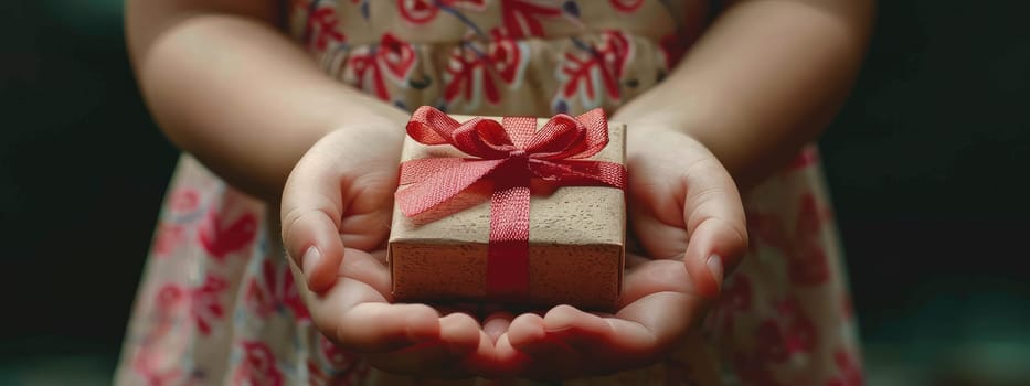 Gift box in the hands of a child. Selective focus. Kid.