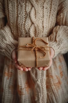 Gift box in the hands of a child. Selective focus. Kid.