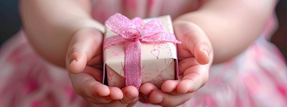 Gift box in the hands of a child. Selective focus. Kid.