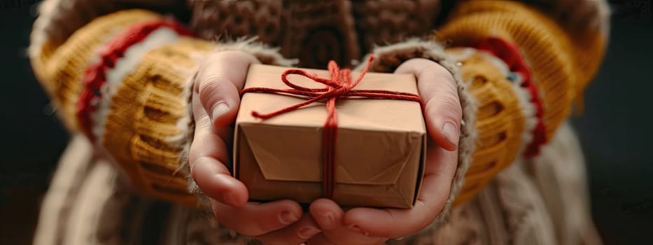 Gift box in the hands of a child. Selective focus. Kid.