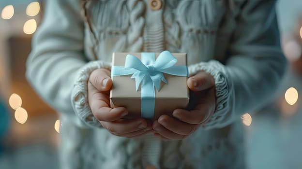 Gift box in the hands of a child. Selective focus. Kid.