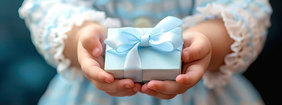 Gift box in the hands of a child. Selective focus. Kid.