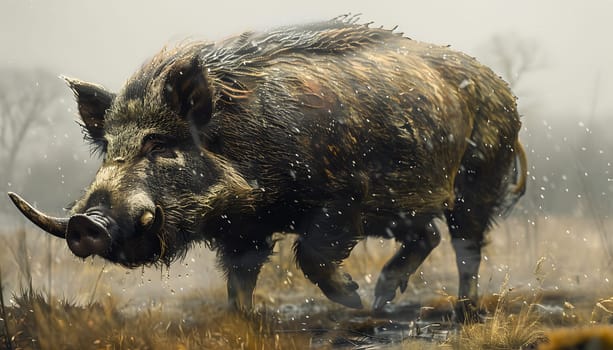 A terrestrial animal with fur, a snout, and sharp tusks wanders through a muddy field. Nearby, grass sways in the breeze, creating a picturesque natural landscape