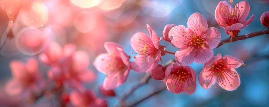 Beautiful Flowers of Sakura or Cherry Tree with Bokeh Lights. Spring or Summer Floral Aesthteic Background Banner. Ai generated