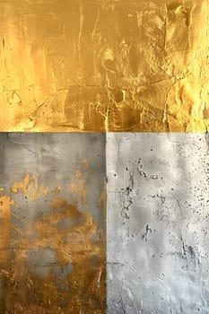 A close up of a rectangular painting with yellow and amber tints on a wall. The artwork is a composite material with glass elements, creating a unique pattern in visual arts