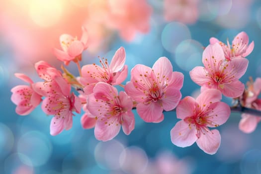 Beautiful Flowers of Sakura or Cherry Tree with Bokeh Lights. Spring or Summer Floral Aesthteic Background Banner. Ai generated