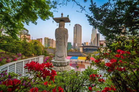 Bongeunsa Temple During the Summer in the Gangnam District of Seoul, South Korea with colorful flowers