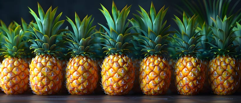 Ananas are terrestrial plants that produce pineapples, a delicious and nutritious fruit. These natural foods are lined up in a row on a wooden table