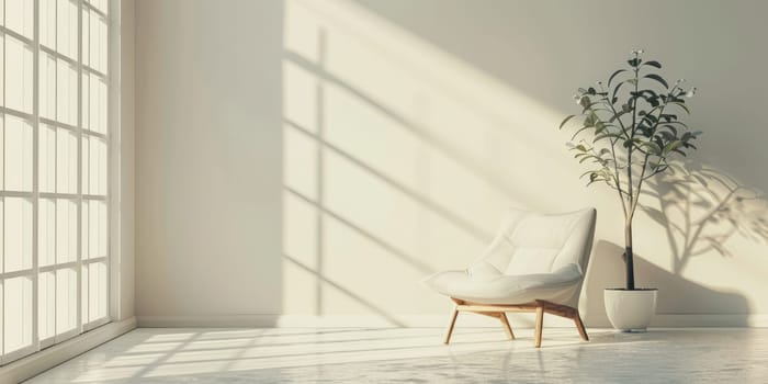 A white chair sits in front of a window with a potted plant. The room is bright and airy, with sunlight streaming in through the window. The chair and plant create a sense of calm and relaxation