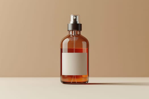 A bottle of perfume is sitting on a table. The bottle is brown and has a clear top