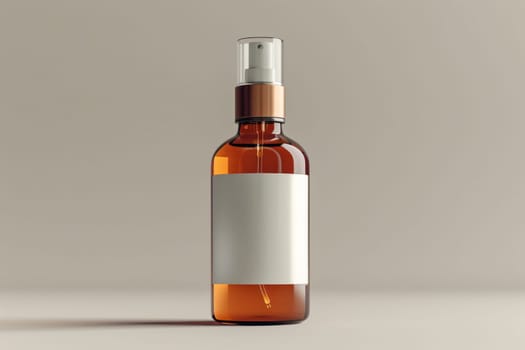 A bottle of perfume is sitting on a table. The bottle is brown and has a clear top