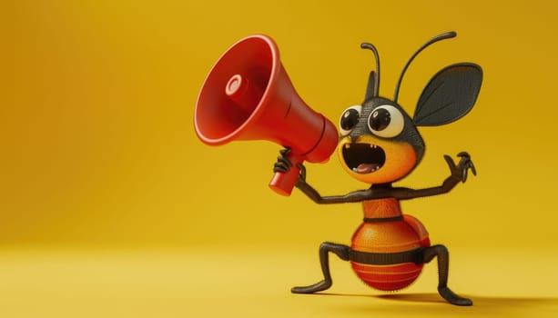 A cartoon bug with a megaphone is yelling by AI generated image.