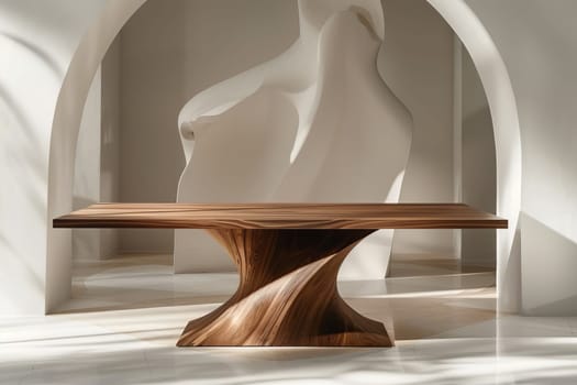 A wooden table with a spiral design sits in a room with white walls. The table is the focal point of the room, and its unique design draws attention