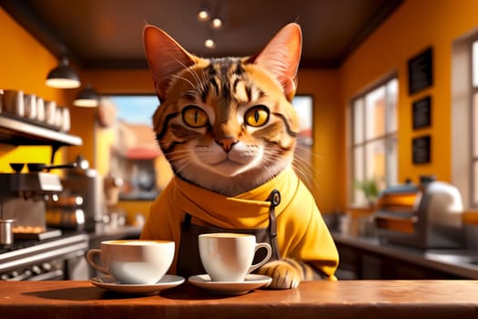 cat barista makes coffee near the coffee machine in a cafe .