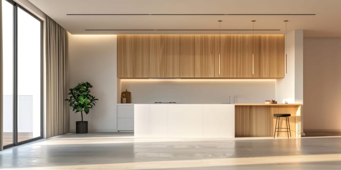 A large kitchen with white cabinets and a wooden counter. The kitchen is empty and has a modern, clean look