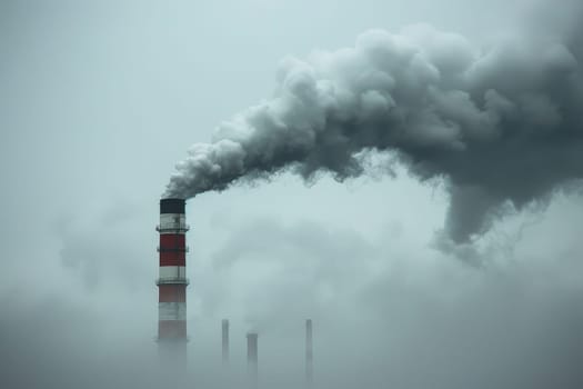 A large industrial plant with a tall stack of smoke coming out of it. The sky is blue and there are birds flying in the background