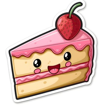 A decorative sticker featuring a slice of cake with a vibrant strawberry on top. The image showcases a delicious dessert made with natural ingredients and fruit