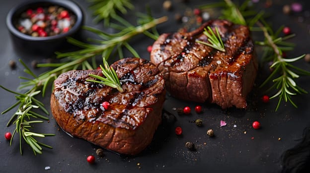 Two steaks adorned with rosemary and peppercorns are showcased on a black cutting board, creating a delectable dish ready to be savored