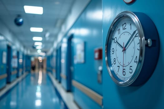A clock hanging on a wall in a hospital hallway. The clock is white and has the hands at 3:00 and 4:00. The hallway is empty and the walls are blue