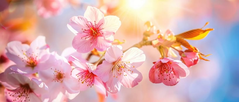 A close up of a pink flower with a bright blue sky in the background by AI generated image.