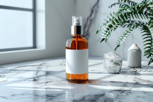 A bottle of perfume is sitting on a table. The bottle is brown and has a clear top