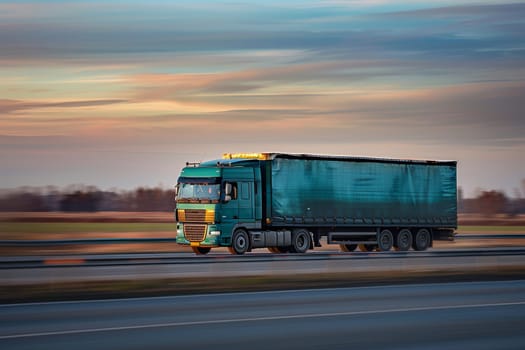 A large green semi truck is driving down a road. The sky is cloudy and the sun is setting
