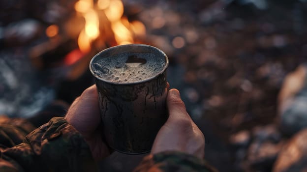 The close up picture of the person holding the cup of the coffee by their own hand to relax near fireplace for relaxation with dark gloomy blur background yet feel warm by the source of heat. AIG43.