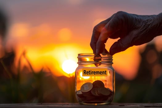 A jar filled with coins is labeled "retirement". The jar is being filled by a person's hand, and the sun is setting in the background. Concept of saving money for retirement, and the mood is peaceful