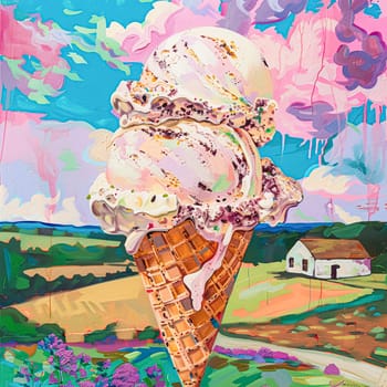 Fun oil fine art painting, ice cream in English country style, printable art design idea