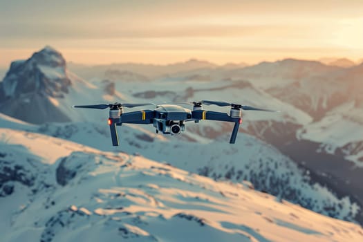 A drone is flying over a snowy mountain range. The sky is cloudy and the sun is setting, creating a serene and peaceful atmosphere