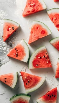 A colorful display of watermelon slices on a pristine white surface. This refreshing fruit is a common ingredient in many cuisine recipes due to its natural, vibrant colors and juicy flavors