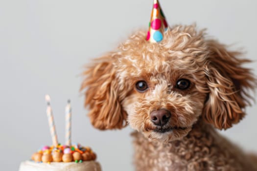 A small dog wearing a pink party hat is sitting in front of a bunch of colorful balloons. The balloons are scattered around the dog, creating a festive and playful atmosphere