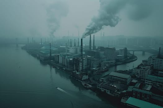 A large industrial plant with a tall stack of smoke coming out of it. The sky is blue and there are birds flying in the background