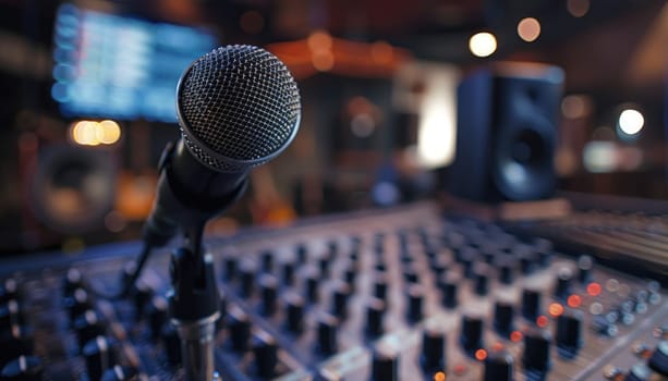 A microphone is on a desk next to a sound board by AI generated image.