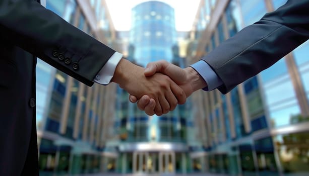 Two men shaking hands in front of a building by AI generated image.