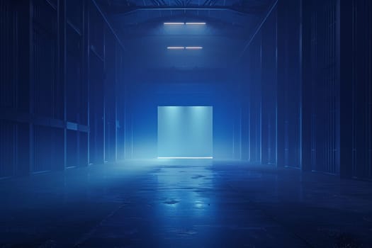 A long, empty, blue hallway with a bright blue light shining down on it.